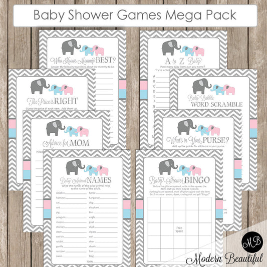 Elephant Baby Shower Game Pack Twins