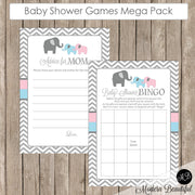 Elephant Baby Shower Game Pack Twins, Blue and Pink Elephant Baby Shower Activity Set, Bingo, Baby Animal Names, Price is Right INSTANT etpb
