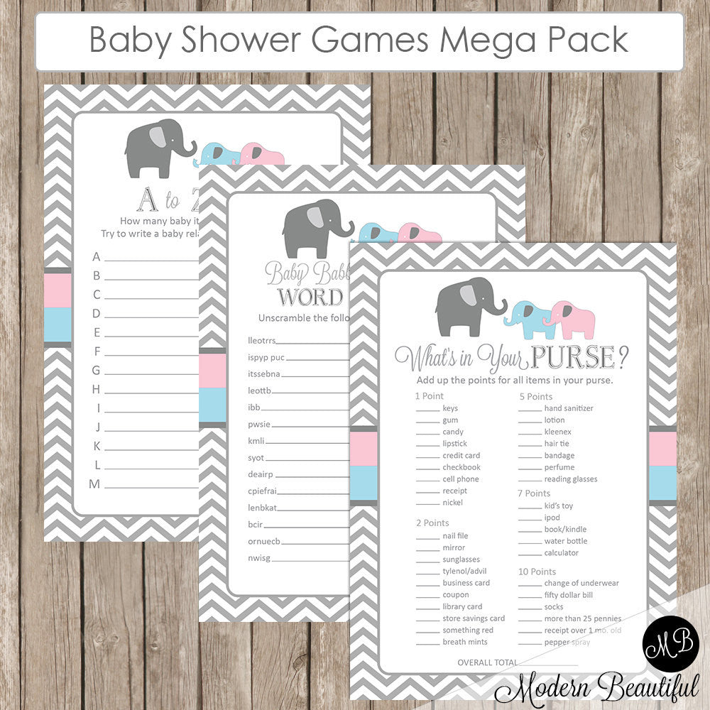 Elephant Baby Shower Game Pack Twins