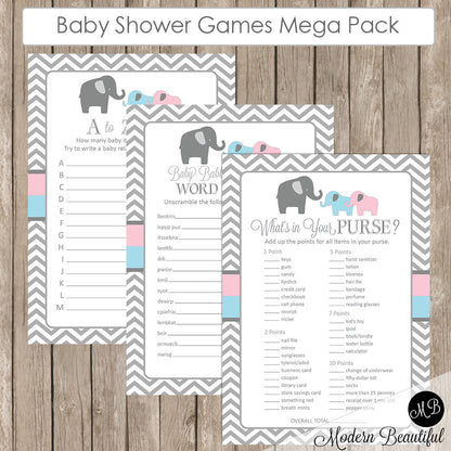 Elephant Baby Shower Game Pack Twins