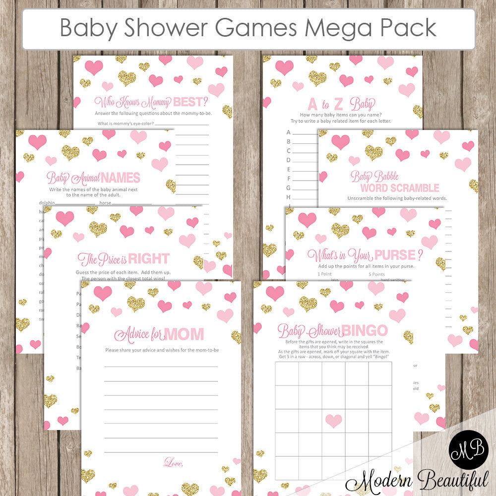 Baby Shower Game Pack - Pink and Gold Glitter, Baby Shower Activity Set, Shower Games Bingo, Price is Right and more INSTANT PGG01