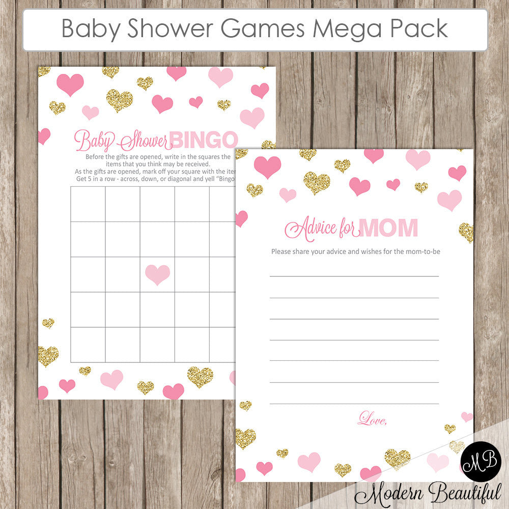 Baby Shower Game Pack Pink and Gold