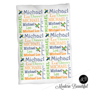 Baby boy personalized blanket, airplane blanket, swaddle blanket , baby shower gift, boy gift, green, orange, baby blanket 1003