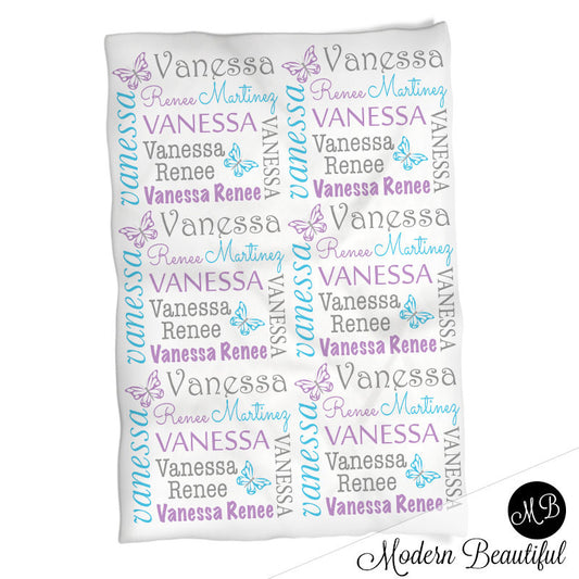 Baby girl name blanket, swaddling blanket, girl blanket, butterfly blanket, baby shower gift, butterflies, purple, gray, baby blanket 1004