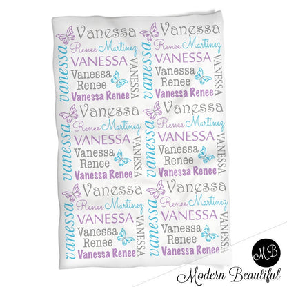 Butterfly newborn baby blanket, personalized girl butterfly name swaddle blanket, butterflies baby gift, pink and purple blanket with name