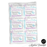 Butterfly newborn baby blanket, personalized girl butterfly name swaddle blanket, butterflies baby gift, pink and purple blanket with name