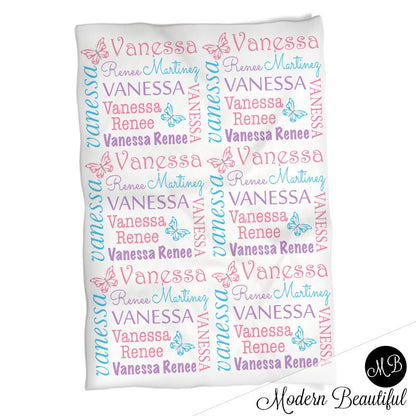 Butterfly newborn baby blanket, personalized girl butterfly name swaddle blanket, butterflies baby gift, pink and purple blanket with name