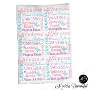 Butterfly newborn baby blanket, personalized girl butterfly name swaddle blanket, butterflies baby gift, pink and purple blanket with name