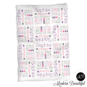 Pink and purple baby stats blanket, personalized blanket, stats blanket, girl baby blanket, baby shower gift, receiving, hearts,  1008