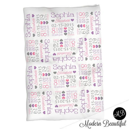 Baby Stats Blanket Yellow and mint , personalized blanket, stats blanket, girl baby blanket, baby shower gift, receiving, hearts,  1008