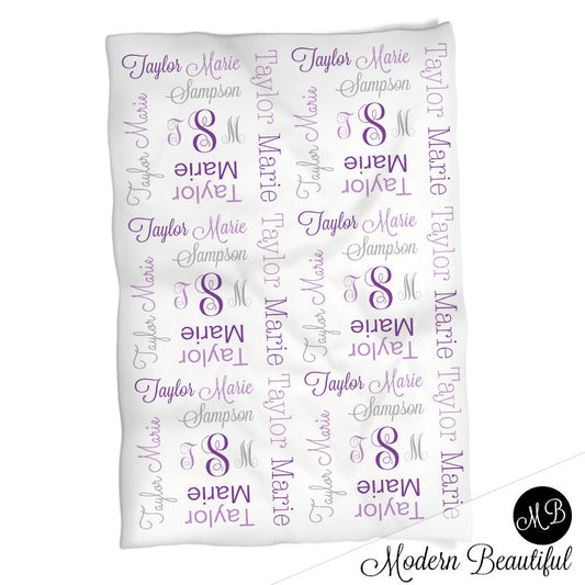 Monogrammed Receiving Blanket Purple and gray personalized swaddle blanket, girl monogram blanket , baby shower gift, baby blanket 1007
