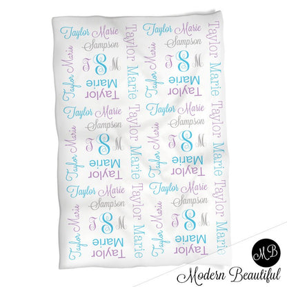 Baby girl monogram name blanket, pink and gray receiving swaddling blanket with initials and name, comong home baby gift, (CHOOSE COLORS)