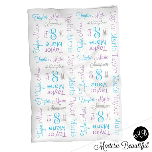 Monogram Baby Blanket in Purple and blue personalized swaddle blanket, receiving blanket, girl, baby shower gift, gift, baby blanket 1007