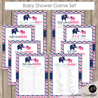 Elephant Baby Shower Game Pack Pink Navy