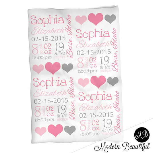 Baby Girl Blanket with Birth Stats = Yellow and gray baby stats blanket, personalized blanket, girl baby blanket, baby shower gift  1006