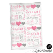 Baby Girl Blanket with Birth Stats = Yellow and gray baby stats blanket, personalized blanket, girl baby blanket, baby shower gift  1006