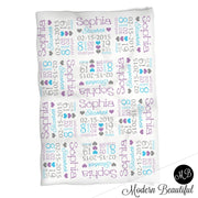 Swaddling Blanket Purple and blue baby stats blanket, personalized blanket, stats blanket, girl baby shower gift, receiving, hearts,  1008