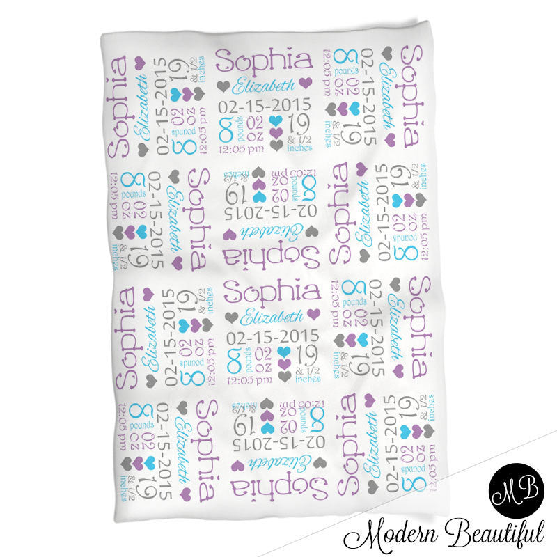 Baby Stats Blanket Yellow and mint , personalized blanket, stats blanket, girl baby blanket, baby shower gift, receiving, hearts,  1008