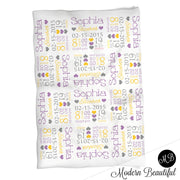 Pink and purple baby stats blanket, personalized blanket, stats blanket, girl baby blanket, baby shower gift, receiving, hearts,  1008