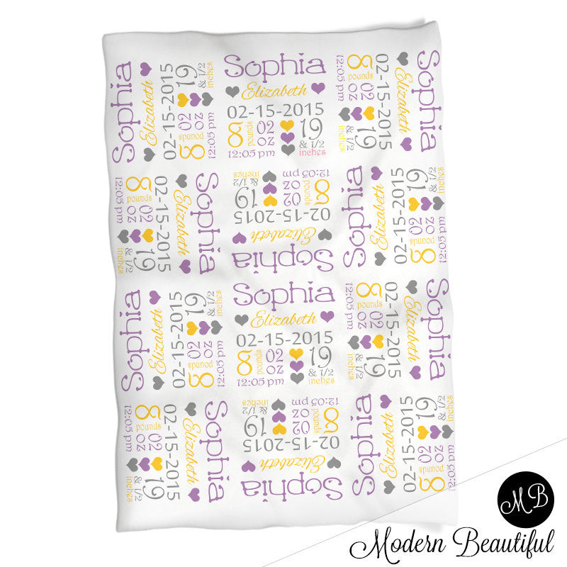 Baby Stats Blanket Yellow and mint , personalized blanket, stats blanket, girl baby blanket, baby shower gift, receiving, hearts,  1008