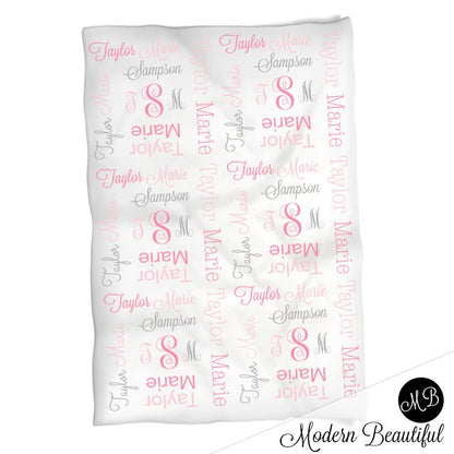 Baby girl monogram name blanket, pink and gray receiving swaddling blanket with initials and name, comong home baby gift, (CHOOSE COLORS)