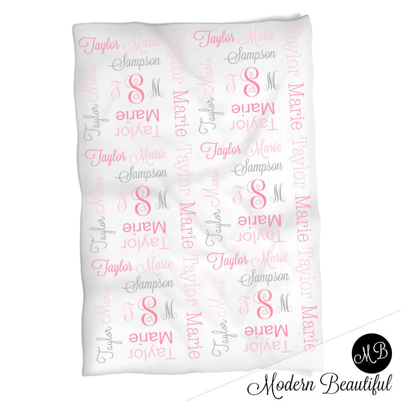 Baby girl monogram blanket, receiving swaddling blanket, girl monogram blanket , girl name blanket, pink and gray baby blanket 1007