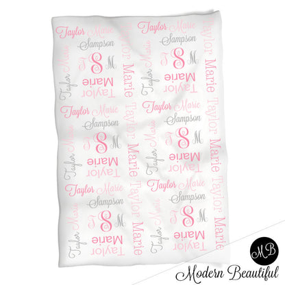 Baby girl monogram blanket, receiving swaddling blanket, girl monogram blanket , girl name blanket, pink and gray baby blanket 1007