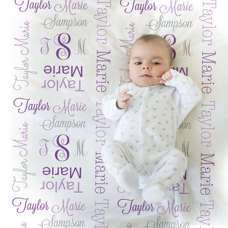 Monogrammed Receiving Blanket Purple and gray personalized swaddle blanket, girl monogram blanket , baby shower gift, baby blanket 1007