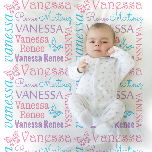 Personalized baby blanket, swaddle blanket, girl blanket, butterfly blanket, baby shower gift, butterflies, purple, pink, baby blanket 1004