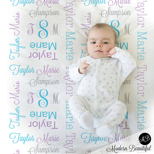 Monogram Baby Blanket in Purple and blue personalized swaddle blanket, receiving blanket, girl, baby shower gift, gift, baby blanket 1007