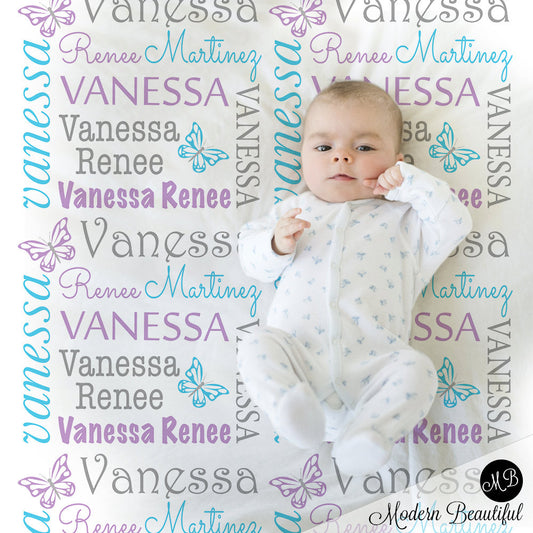 Baby girl name blanket, swaddling blanket, girl blanket, butterfly blanket, baby shower gift, butterflies, purple, gray, baby blanket 1004