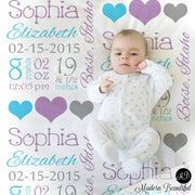 Birth Stats Baby Blanket Purple and gray, personalized blanket, stats blanket, girl baby blanket, baby shower gift, receiving, hearts,  1006