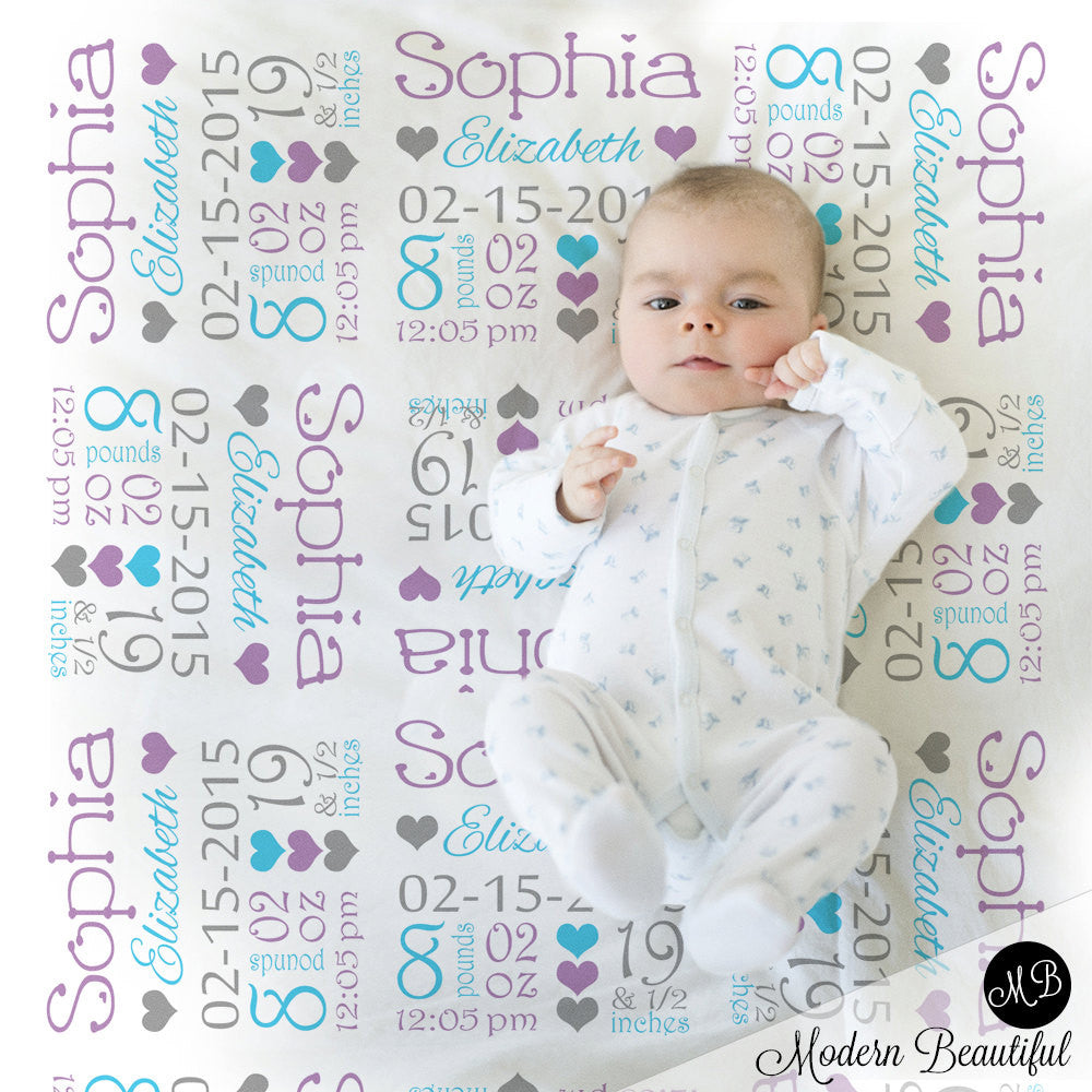 Swaddling Blanket Purple and blue baby stats blanket, personalized blanket, stats blanket, girl baby shower gift, receiving, hearts,  1008