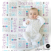 Swaddling Blanket Purple and blue baby stats blanket, personalized blanket, stats blanket, girl baby shower gift, receiving, hearts,  1008