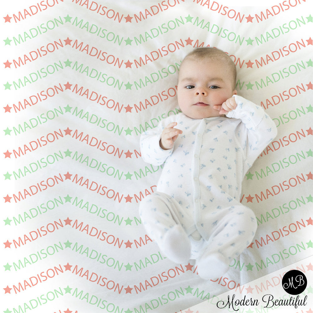 Mint and coral chevron baby name blanket, personalized blanket, name blanket, girl baby blanket, baby shower gift, receiving, stars,  1005