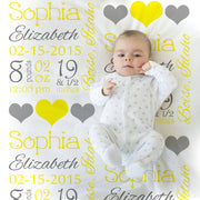 Baby Girl Blanket with Birth Stats = Yellow and gray baby stats blanket, personalized blanket, girl baby blanket, baby shower gift  1006