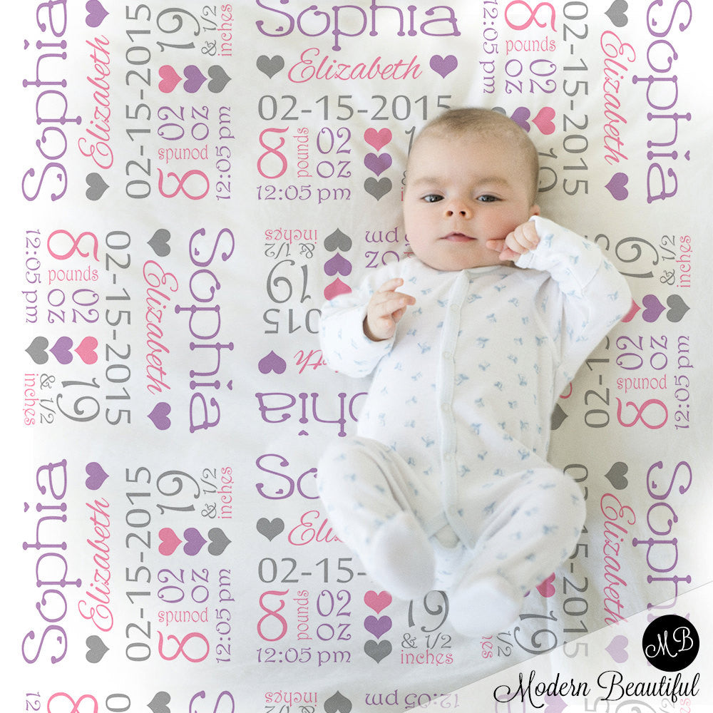 Pink and purple baby stats blanket, personalized blanket, stats blanket, girl baby blanket, baby shower gift, receiving, hearts,  1008