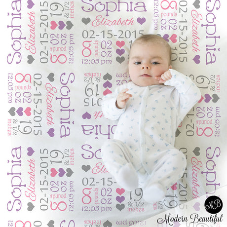 Pink and purple baby stats blanket, personalized blanket, stats blanket, girl baby blanket, baby shower gift, receiving, hearts,  1008