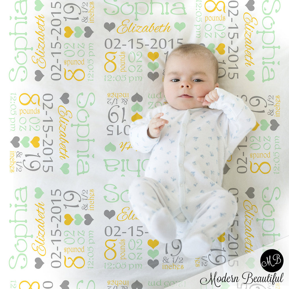Baby Stats Blanket Yellow and mint , personalized blanket, stats blanket, girl baby blanket, baby shower gift, receiving, hearts,  1008