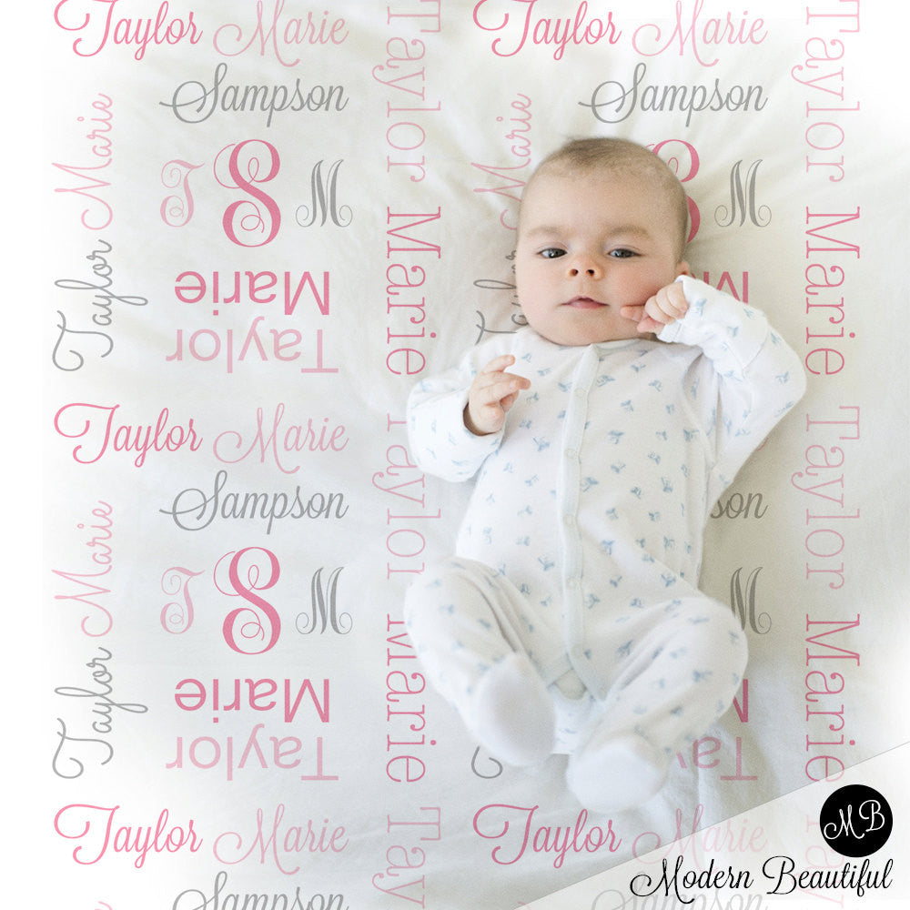 Baby girl monogram blanket, receiving swaddling blanket, girl monogram blanket , girl name blanket, pink and gray baby blanket 1007