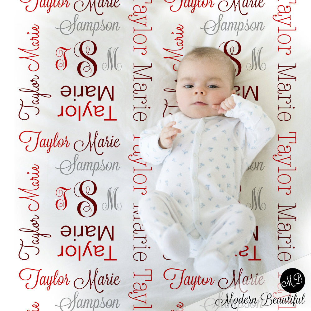 Monogram Baby Blanket in Red and Gray personalized swaddling blanket, receiving blanket, baby shower gift, gift, baby photo prop 1007