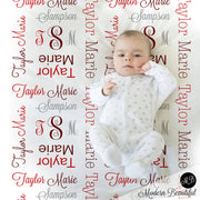 Monogram Baby Blanket in Red and Gray personalized swaddling blanket, receiving blanket, baby shower gift, gift, baby photo prop 1007