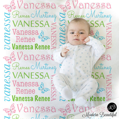 Baby girl swaddle blanket, butterfly baby blanket, girl, butterfly blanket, baby shower gift, butterflies, lime, pink, baby blanket 1004