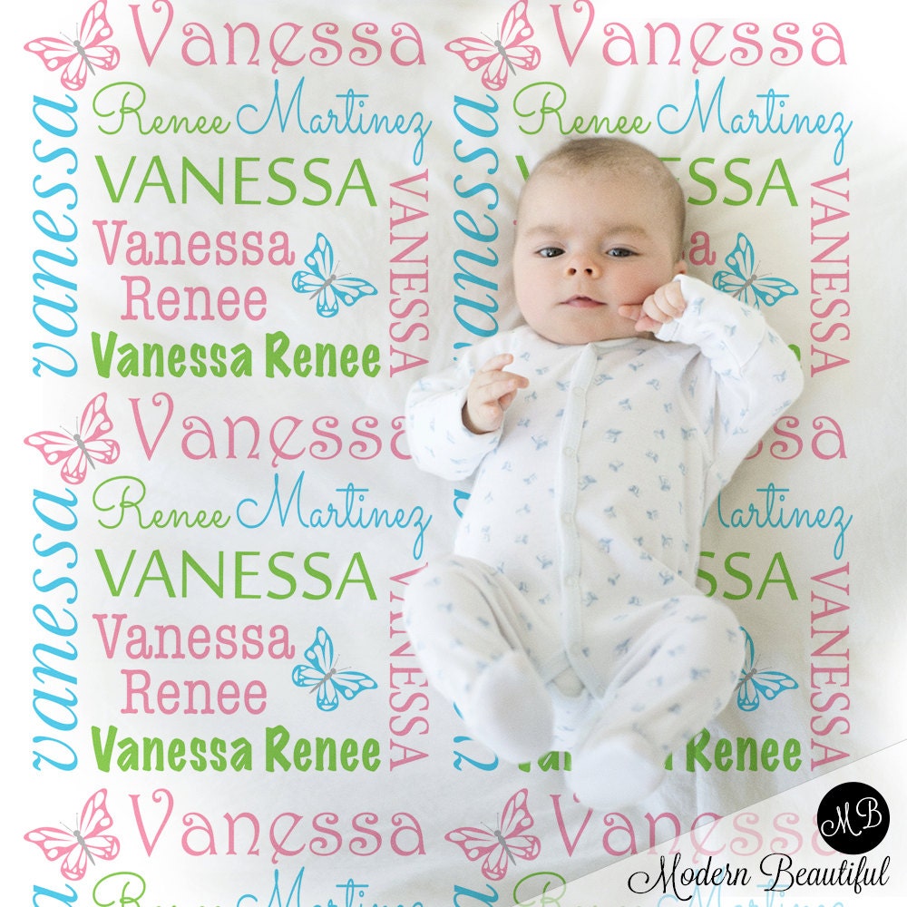 Butterfly newborn baby blanket, personalized girl butterfly name swaddle blanket, butterflies baby gift, pink and purple blanket with name