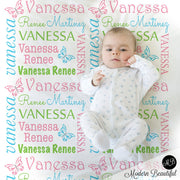Butterfly newborn baby blanket, personalized girl butterfly name swaddle blanket, butterflies baby gift, pink and purple blanket with name