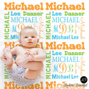 Baby boy personalized monogram blanket, receiving blanket, swaddle blanket , baby shower gift, boy gift, green, orange, baby blanket 1001
