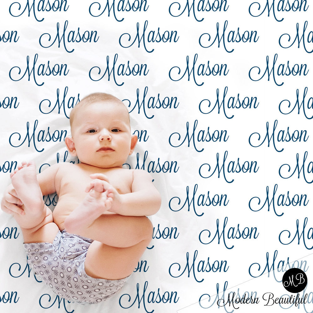 Baby boy name swaddle blanket, personalized blanket, name blanket, boy baby blanket, baby shower gift, receiving, navy, baby blanket 1002