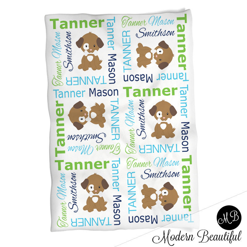 Puppy blanket for baby boy, personalized blanket, puppy blanket, boy baby blanket, baby shower gift, swaddling, receiving blanket  PuppyB1