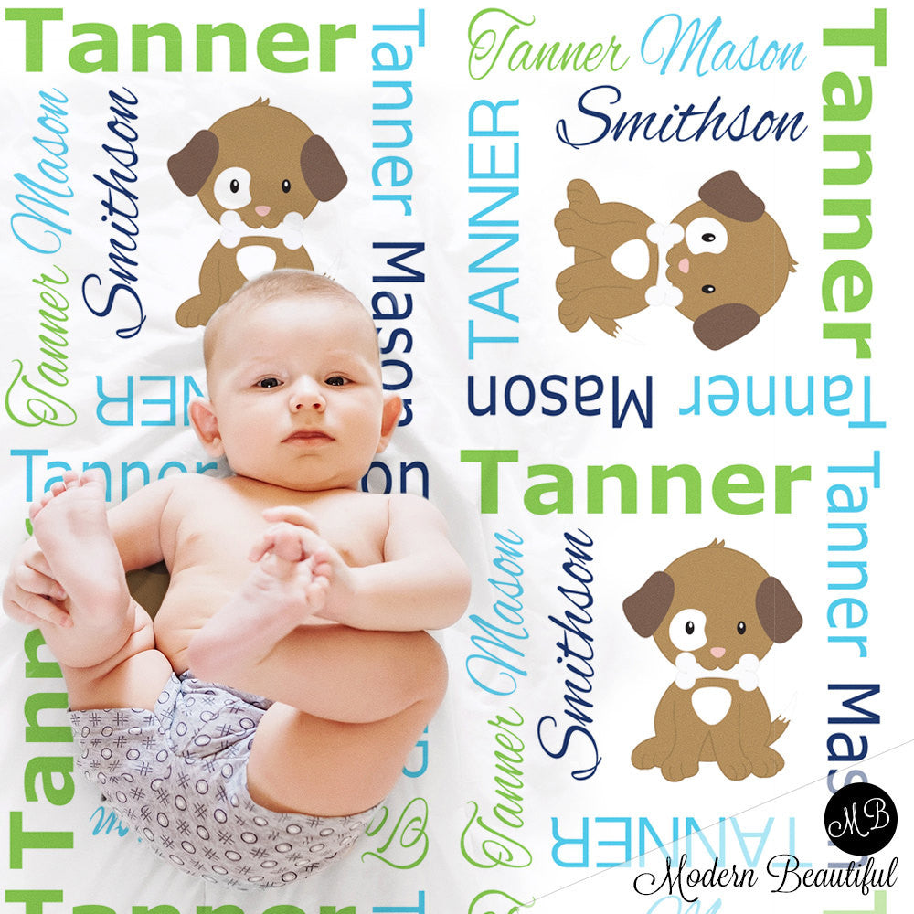 Puppy blanket for baby boy, personalized blanket, puppy blanket, boy baby blanket, baby shower gift, swaddling, receiving blanket  PuppyB1