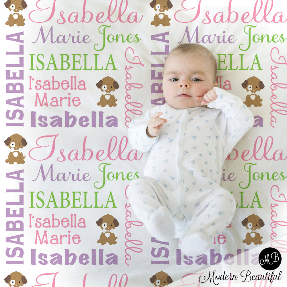 Girl Baby Blanket with Puppy, baby name blanket, puppy personalized blanket, girl baby blanket, baby shower gift, receiving blanket  PuppyG2